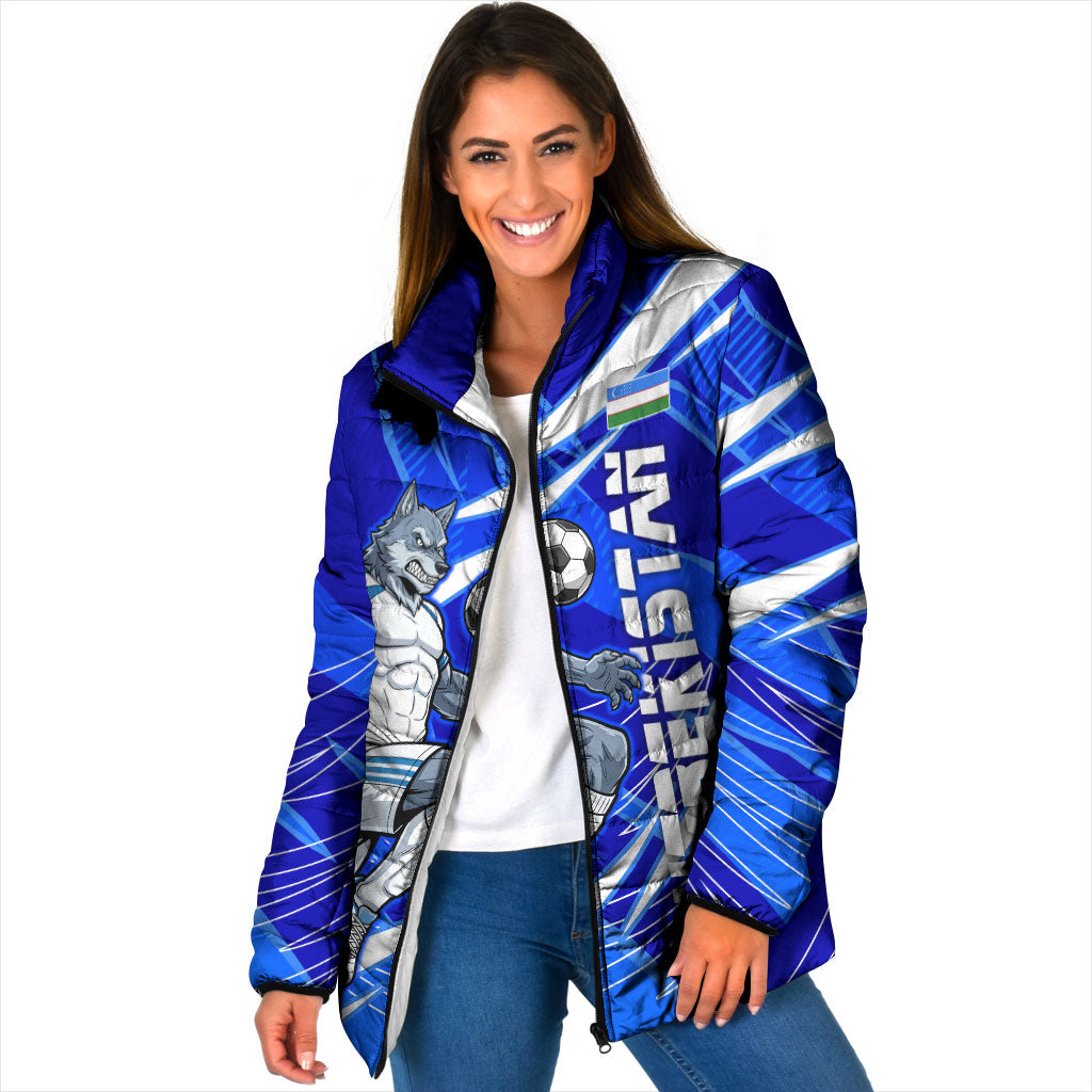 Personalized Uzbekistan Soccer Wolf Mascot Padded Jacket Uzbekistan Football Dynamic Cartoon Geometric