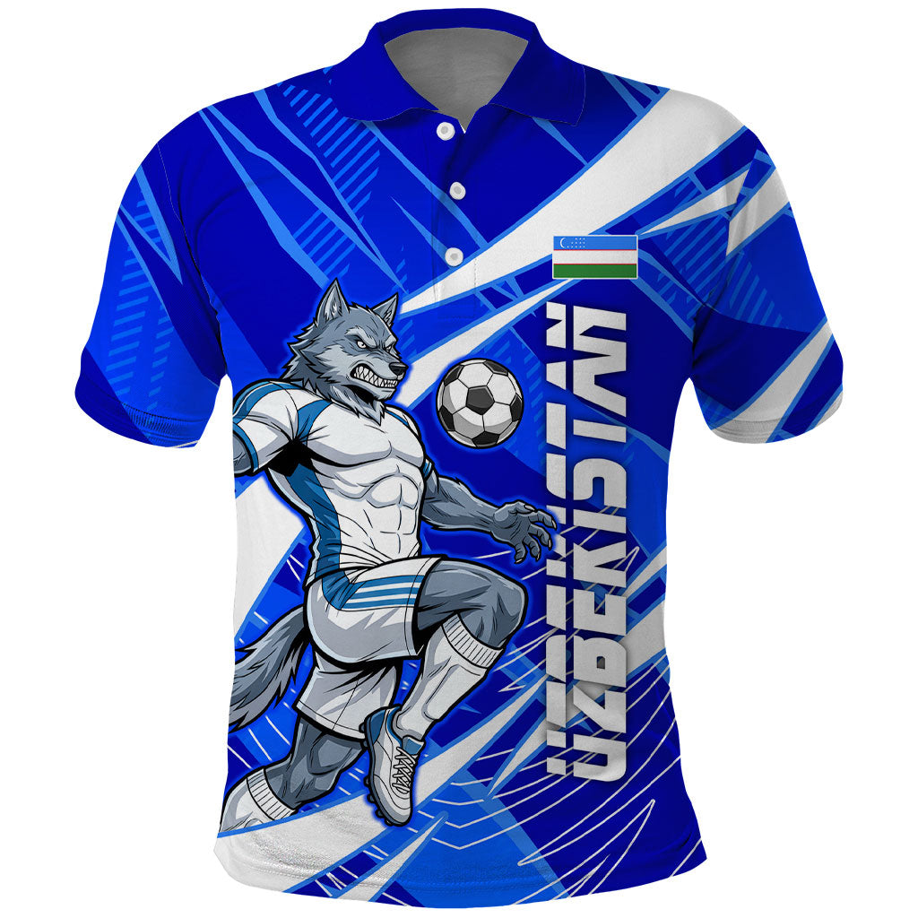 Personalized Uzbekistan Soccer Wolf Mascot Polo Shirt Uzbekistan Football Dynamic Cartoon Geometric