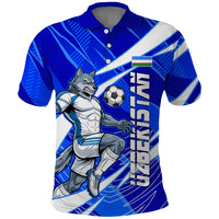 Personalized Uzbekistan Soccer Wolf Mascot Polo Shirt Uzbekistan Football Dynamic Cartoon Geometric