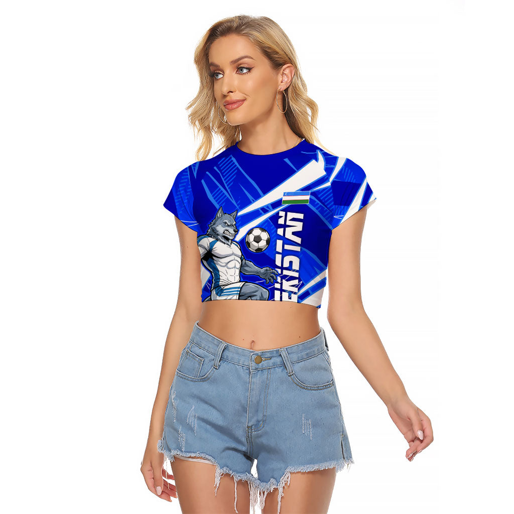 Personalized Uzbekistan Soccer Wolf Mascot Raglan Cropped T Shirt Uzbekistan Football Dynamic Cartoon Geometric