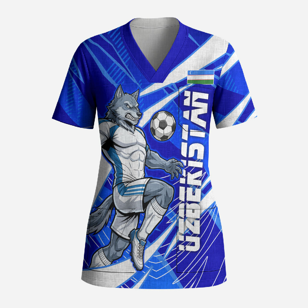 Personalized Uzbekistan Soccer Wolf Mascot Scrub Top Uzbekistan Football Dynamic Cartoon Geometric