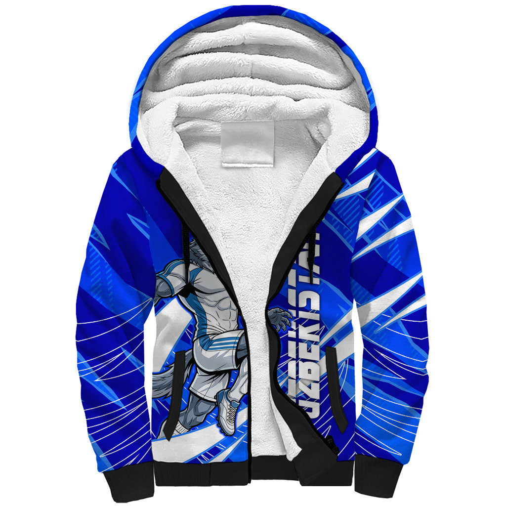 Personalized Uzbekistan Soccer Wolf Mascot Sherpa Hoodie Uzbekistan Football Dynamic Cartoon Geometric