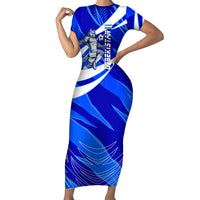 Personalized Uzbekistan Soccer Wolf Mascot Short Sleeve Bodycon Dress Uzbekistan Football Dynamic Cartoon Geometric