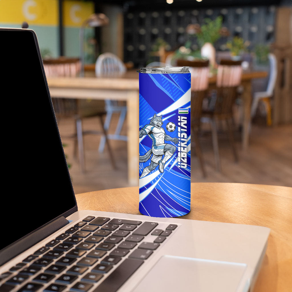 Personalized Uzbekistan Soccer Wolf Mascot Skinny Tumbler Uzbekistan Football Dynamic Cartoon Geometric