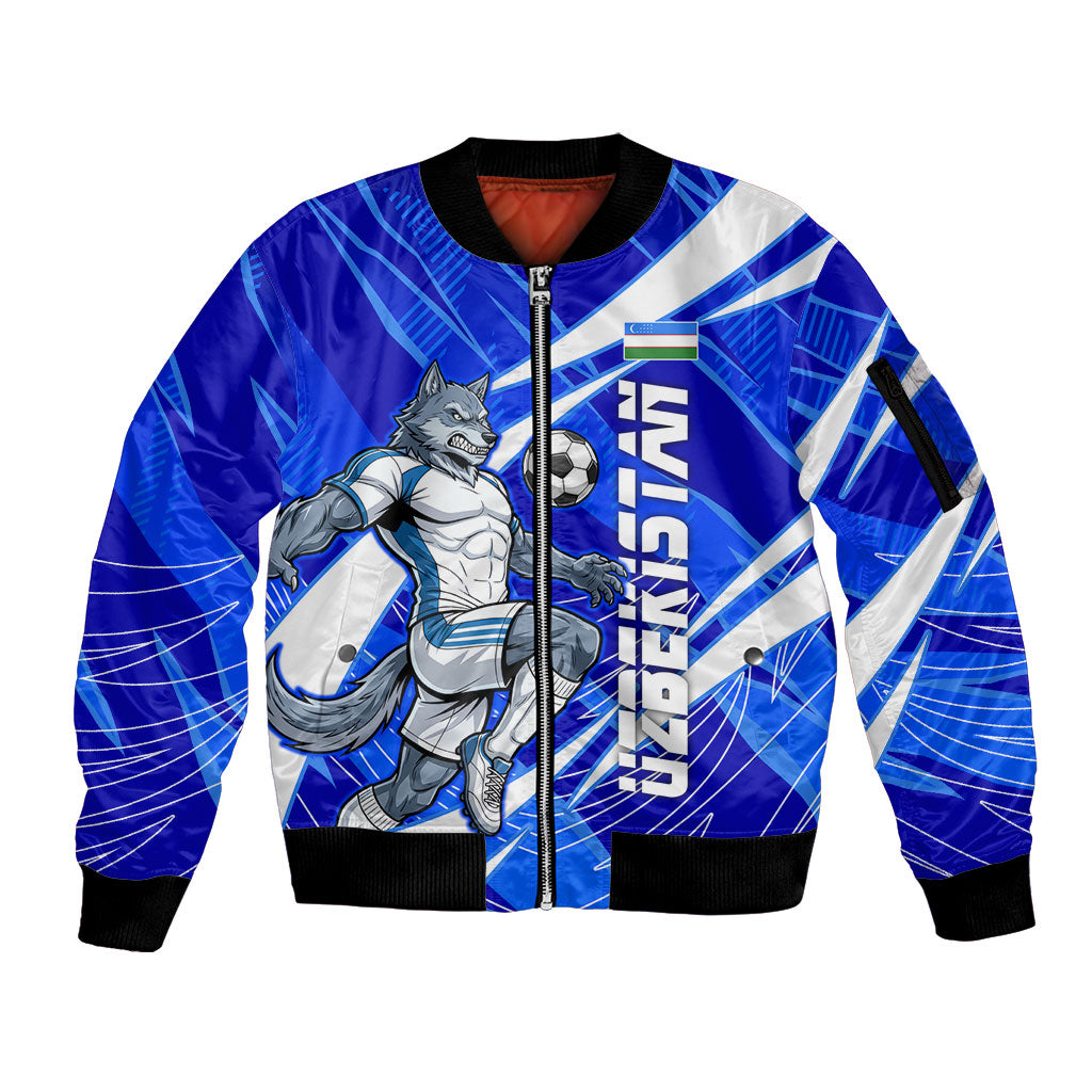 Personalized Uzbekistan Soccer Wolf Mascot Sleeve Zip Bomber Jacket Uzbekistan Football Dynamic Cartoon Geometric