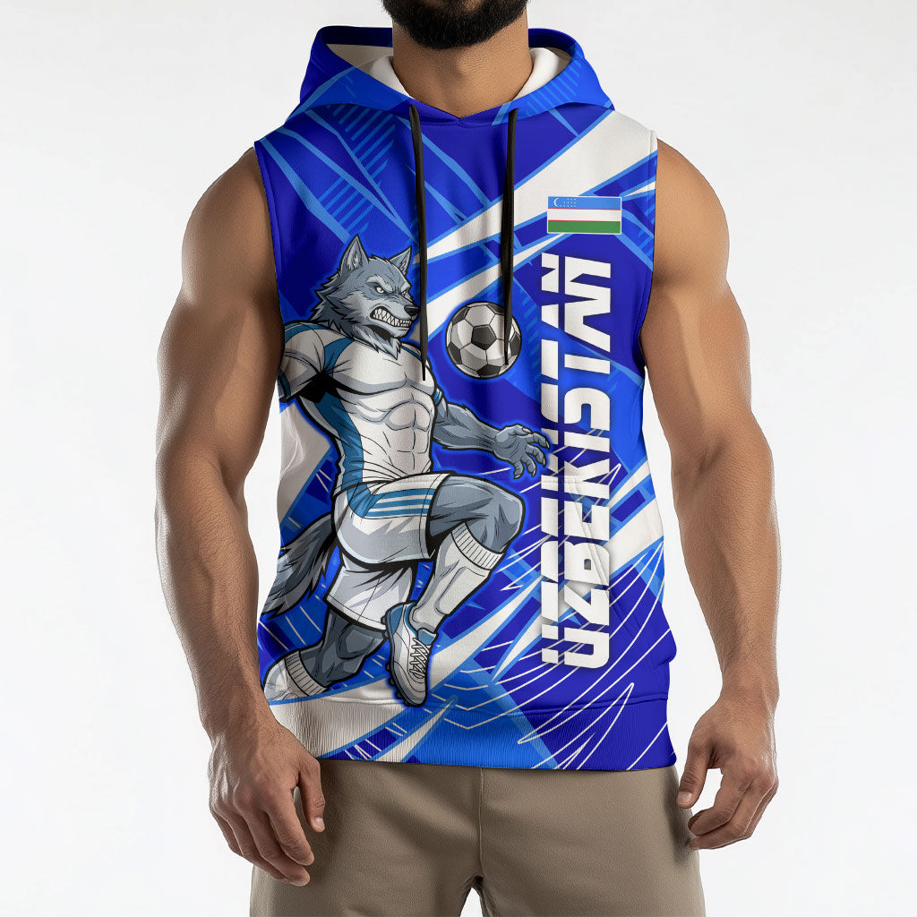 Personalized Uzbekistan Soccer Wolf Mascot Sleeveless Hoodie Uzbekistan Football Dynamic Cartoon Geometric