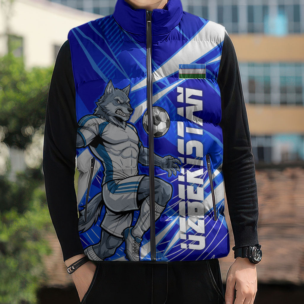Personalized Uzbekistan Soccer Wolf Mascot Sleeveless Puffer Jacket Uzbekistan Football Dynamic Cartoon Geometric