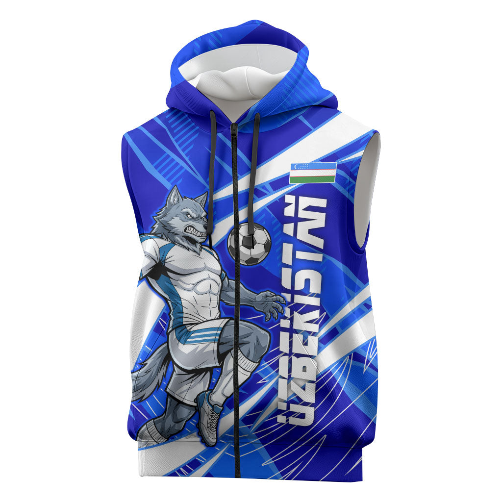 Personalized Uzbekistan Soccer Wolf Mascot Sleeveless Zip Hoodie Uzbekistan Football Dynamic Cartoon Geometric