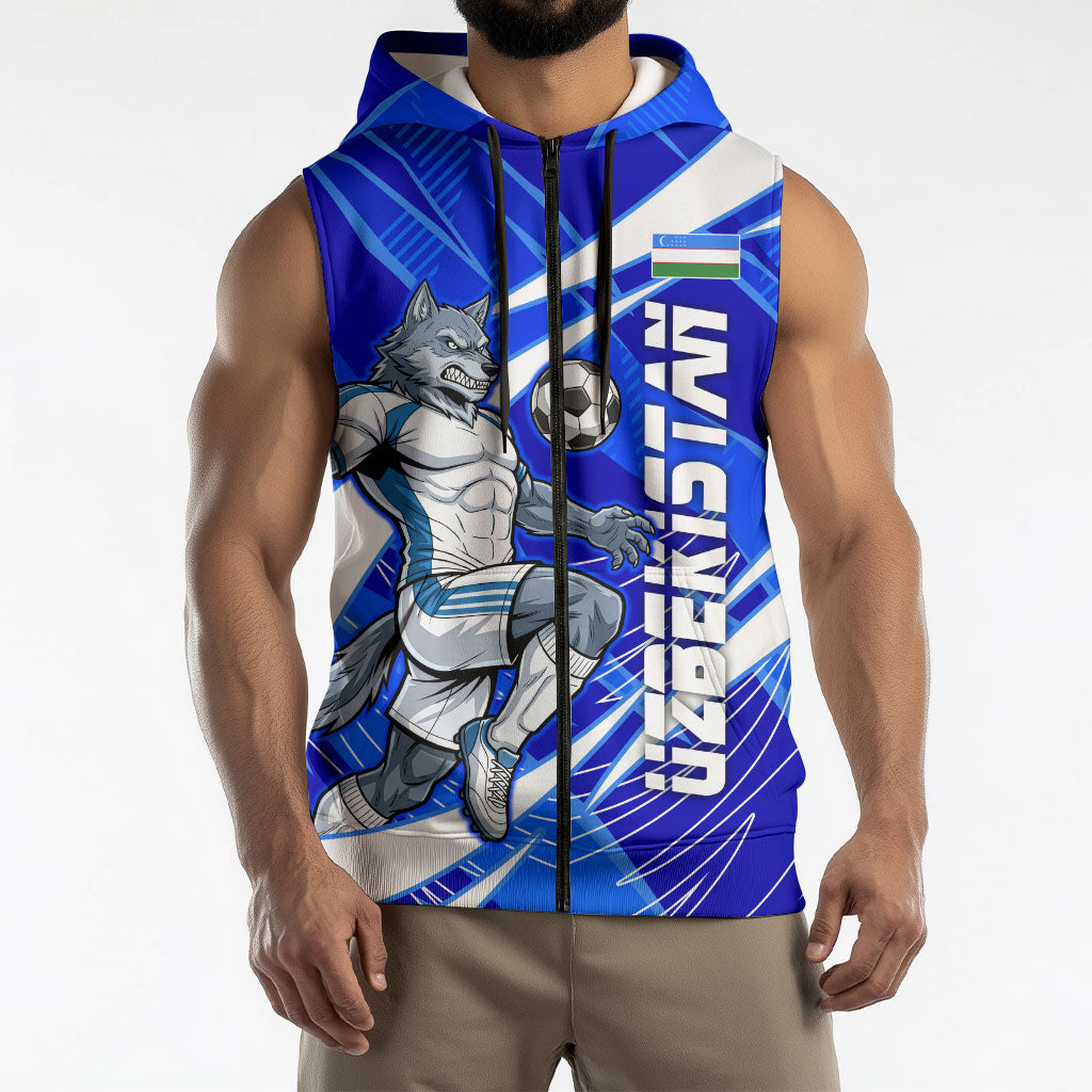 Personalized Uzbekistan Soccer Wolf Mascot Sleeveless Zip Hoodie Uzbekistan Football Dynamic Cartoon Geometric