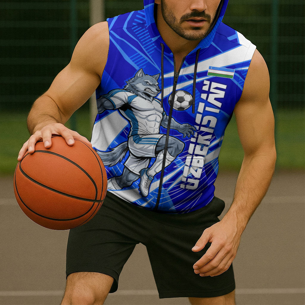 Personalized Uzbekistan Soccer Wolf Mascot Sleeveless Zip Hoodie Uzbekistan Football Dynamic Cartoon Geometric
