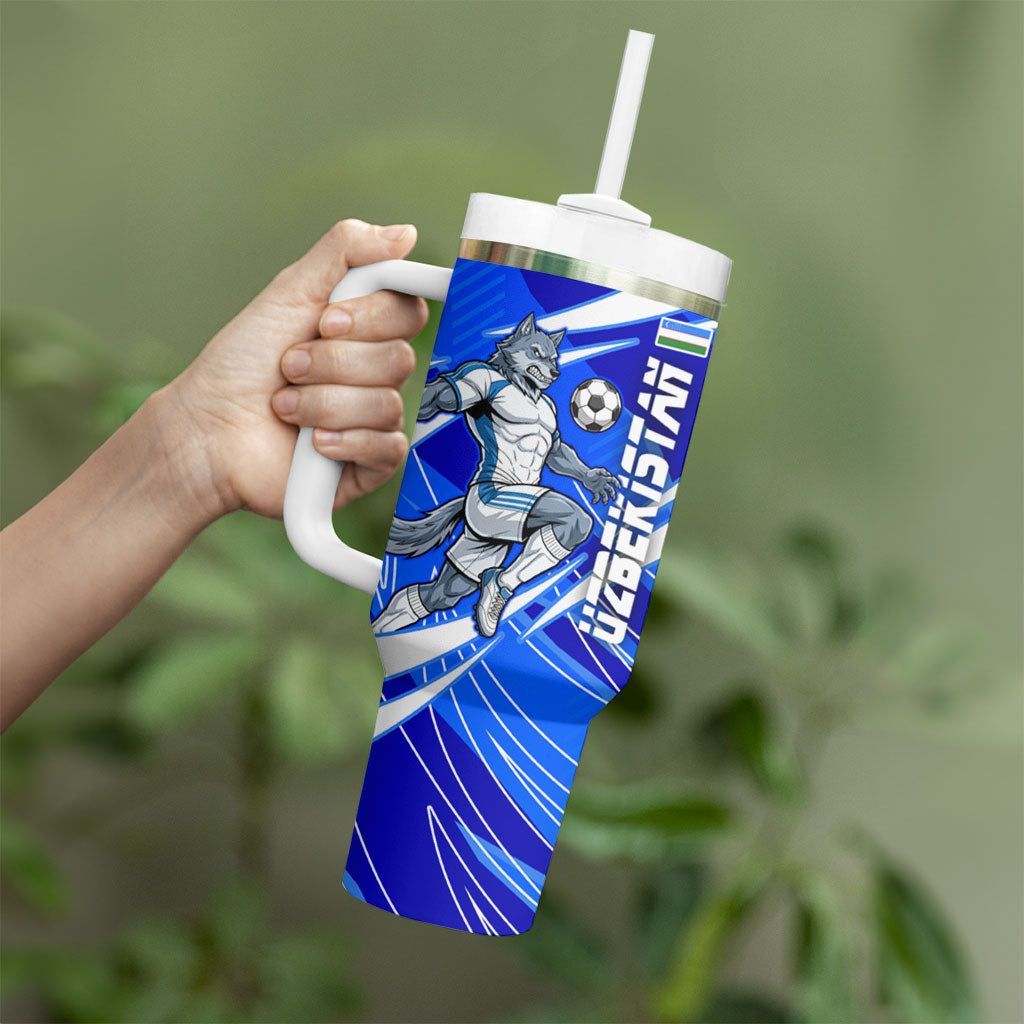 Personalized Uzbekistan Soccer Wolf Mascot Tumbler With Handle Uzbekistan Football Dynamic Cartoon Geometric