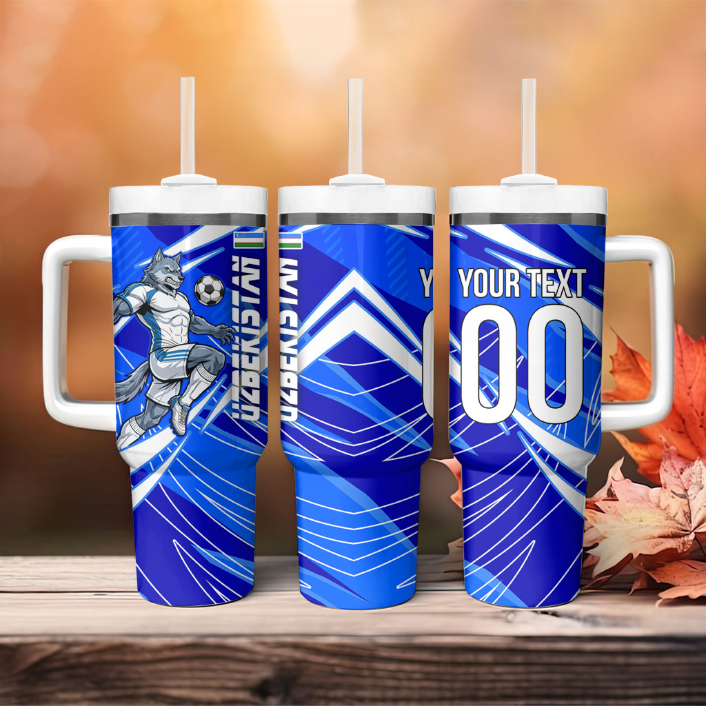 Personalized Uzbekistan Soccer Wolf Mascot Tumbler With Handle Uzbekistan Football Dynamic Cartoon Geometric