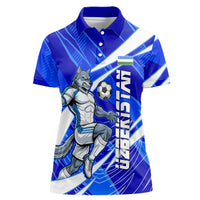 Personalized Uzbekistan Soccer Wolf Mascot Women Polo Shirt Uzbekistan Football Dynamic Cartoon Geometric