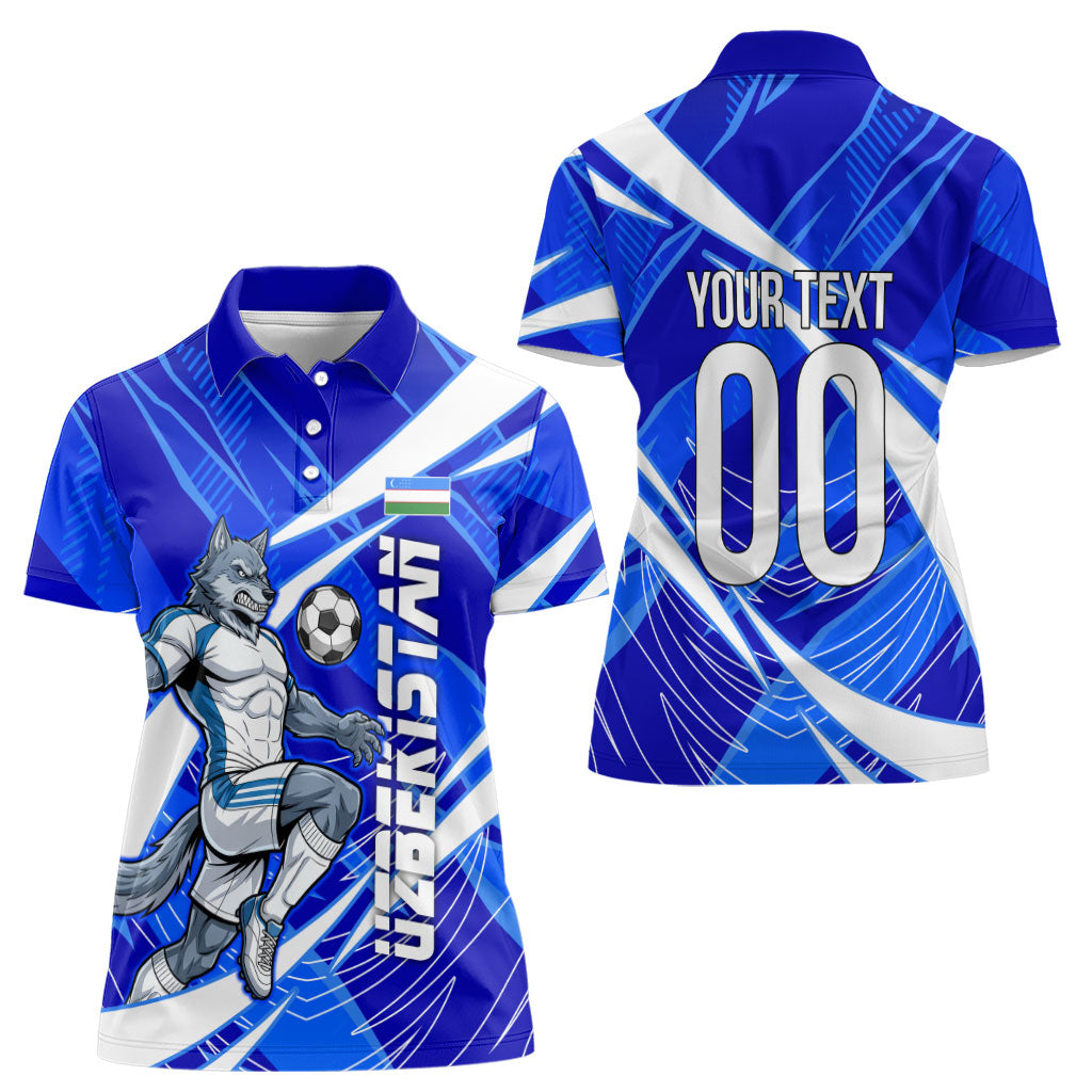 Personalized Uzbekistan Soccer Wolf Mascot Women Polo Shirt Uzbekistan Football Dynamic Cartoon Geometric