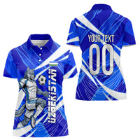 Personalized Uzbekistan Soccer Wolf Mascot Women Polo Shirt Uzbekistan Football Dynamic Cartoon Geometric