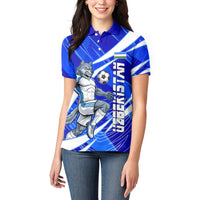 Personalized Uzbekistan Soccer Wolf Mascot Women Polo Shirt Uzbekistan Football Dynamic Cartoon Geometric
