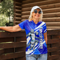 Personalized Uzbekistan Soccer Wolf Mascot Women Polo Shirt Uzbekistan Football Dynamic Cartoon Geometric