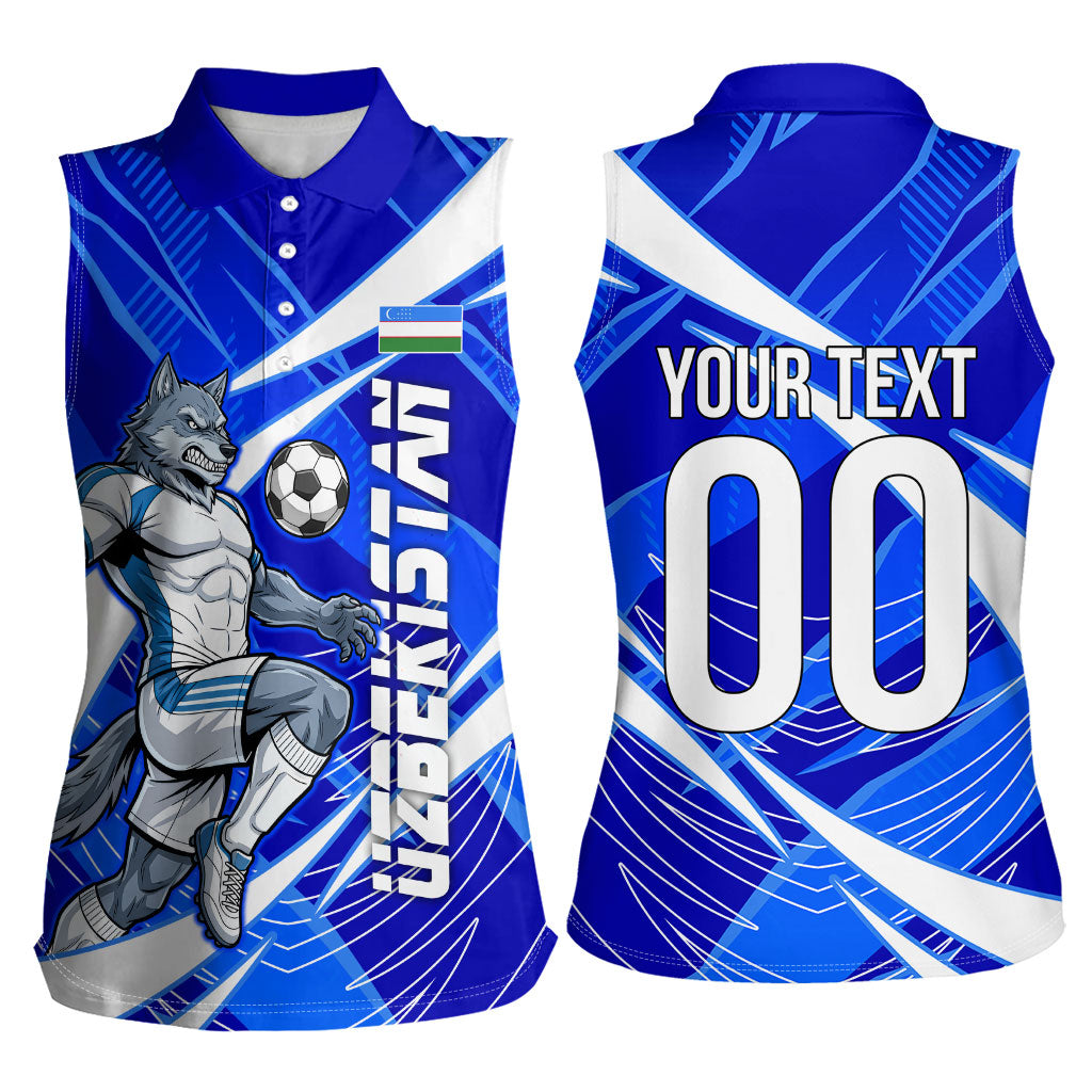 Personalized Uzbekistan Soccer Wolf Mascot Women Sleeveless Polo Shirt Uzbekistan Football Dynamic Cartoon Geometric