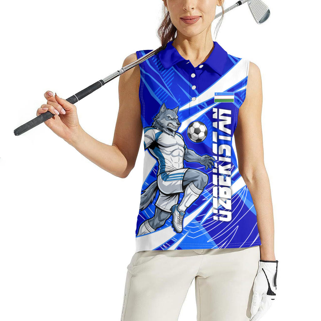 Personalized Uzbekistan Soccer Wolf Mascot Women Sleeveless Polo Shirt Uzbekistan Football Dynamic Cartoon Geometric
