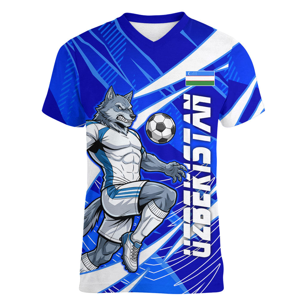 Personalized Uzbekistan Soccer Wolf Mascot Women V-Neck T-Shirt Uzbekistan Football Dynamic Cartoon Geometric