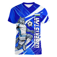 Personalized Uzbekistan Soccer Wolf Mascot Women V-Neck T-Shirt Uzbekistan Football Dynamic Cartoon Geometric