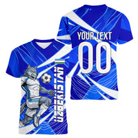 Personalized Uzbekistan Soccer Wolf Mascot Women V-Neck T-Shirt Uzbekistan Football Dynamic Cartoon Geometric