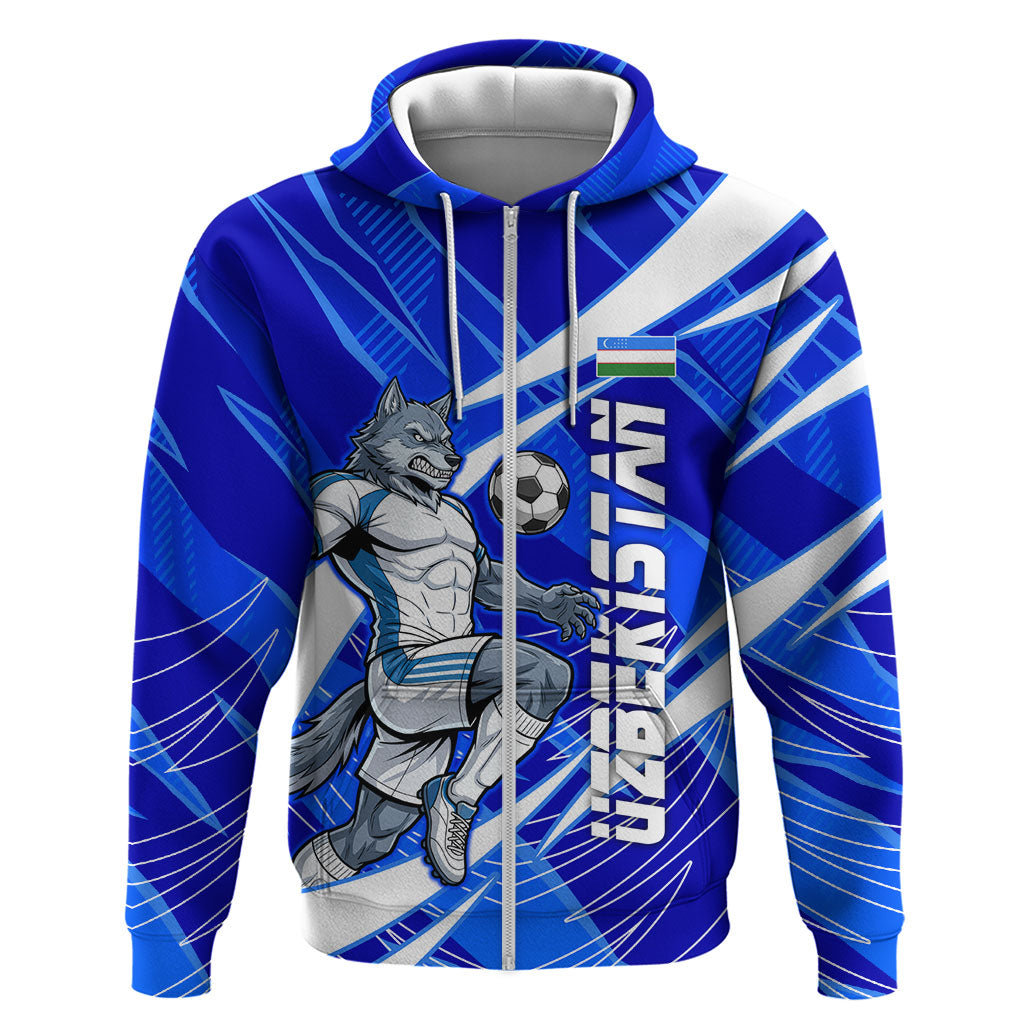 Personalized Uzbekistan Soccer Wolf Mascot Zip Hoodie Uzbekistan Football Dynamic Cartoon Geometric