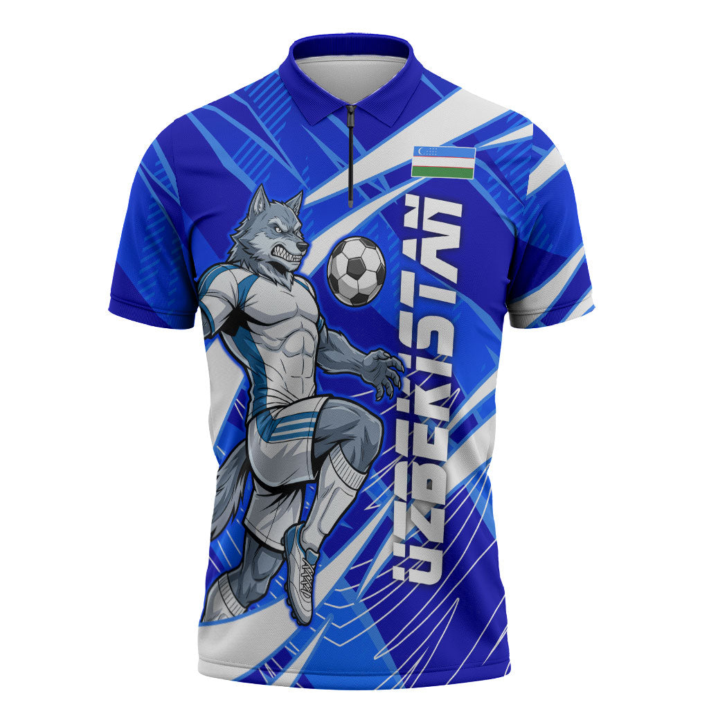 Personalized Uzbekistan Soccer Wolf Mascot Zipper Polo Shirt Uzbekistan Football Dynamic Cartoon Geometric