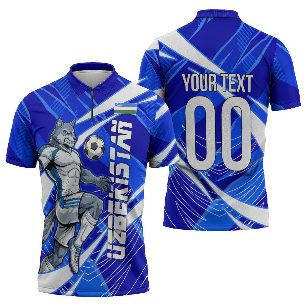 Personalized Uzbekistan Soccer Wolf Mascot Zipper Polo Shirt Uzbekistan Football Dynamic Cartoon Geometric