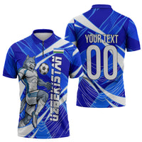 Personalized Uzbekistan Soccer Wolf Mascot Zipper Polo Shirt Uzbekistan Football Dynamic Cartoon Geometric