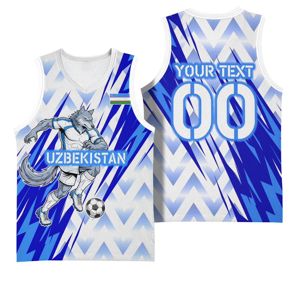 Personalized Uzbekistan Soccer Basketball Jersey Wolf Mascot Chevron Zigzag Pattern