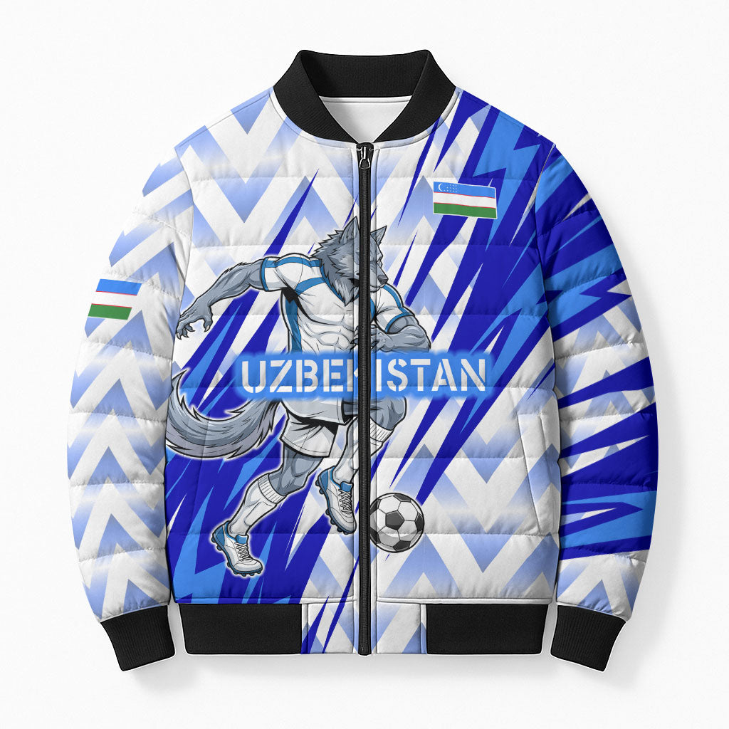 Personalized Uzbekistan Soccer Bomber Puffer Jacket Wolf Mascot Chevron Zigzag Pattern
