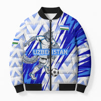Personalized Uzbekistan Soccer Bomber Puffer Jacket Wolf Mascot Chevron Zigzag Pattern