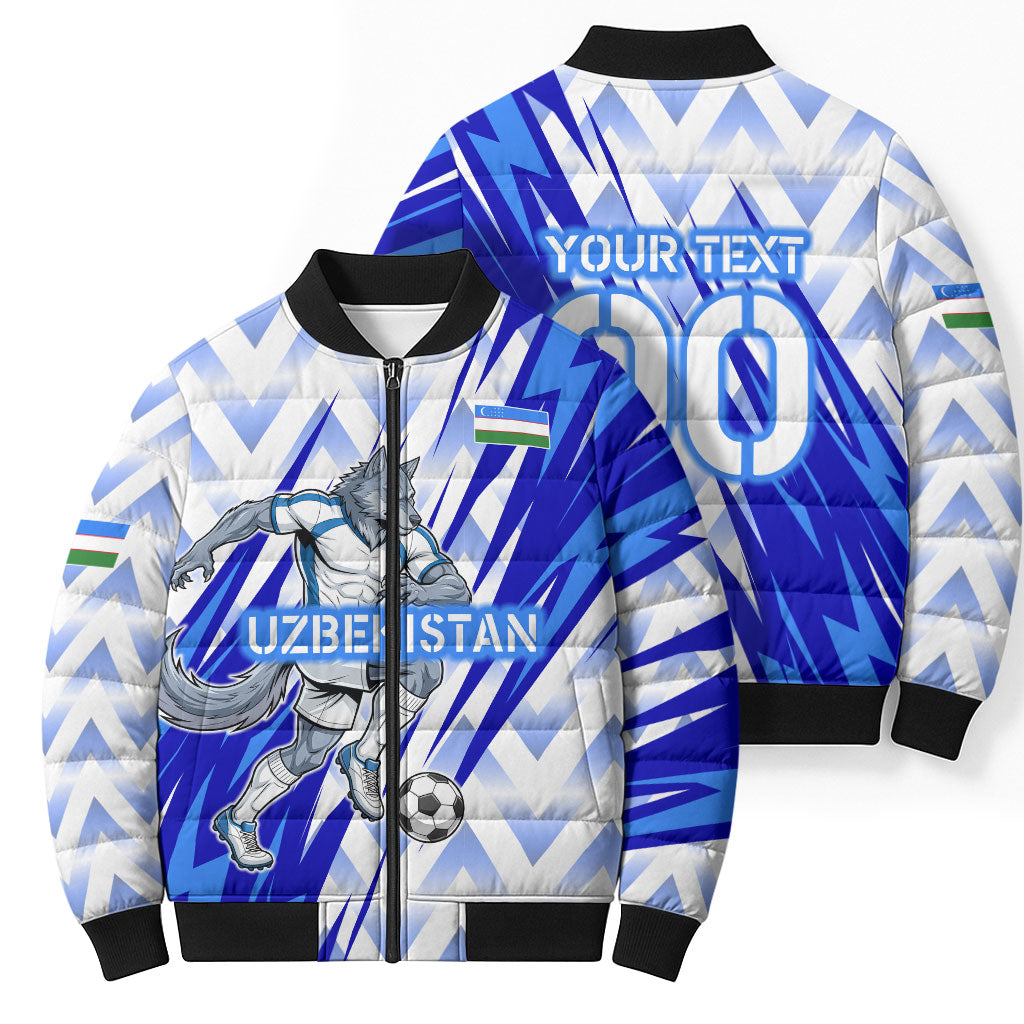 Personalized Uzbekistan Soccer Bomber Puffer Jacket Wolf Mascot Chevron Zigzag Pattern