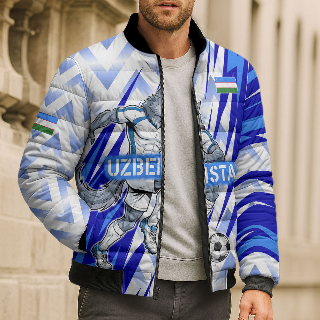 Personalized Uzbekistan Soccer Bomber Puffer Jacket Wolf Mascot Chevron Zigzag Pattern