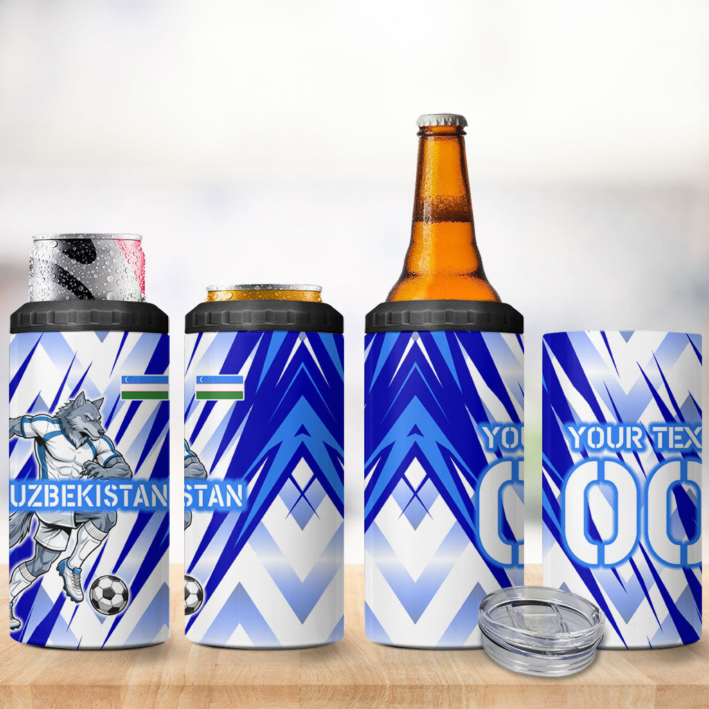Personalized Uzbekistan Soccer 4 in 1 Can Cooler Tumbler Wolf Mascot Chevron Zigzag Pattern