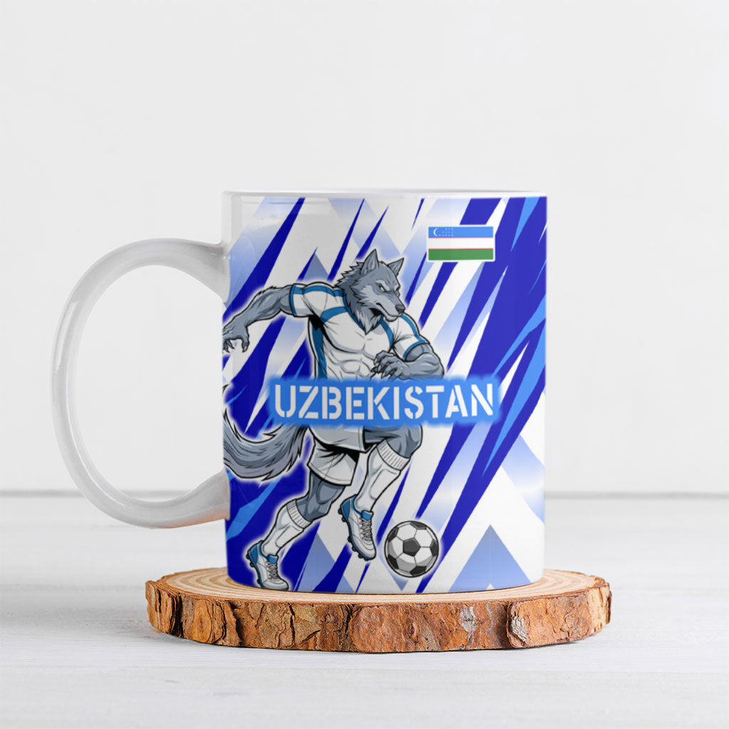 Personalized Uzbekistan Soccer Ceramic Mug Wolf Mascot Chevron Zigzag Pattern