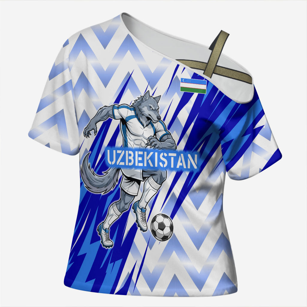 Personalized Uzbekistan Soccer Cross Shoulder Shirt Wolf Mascot Chevron Zigzag Pattern