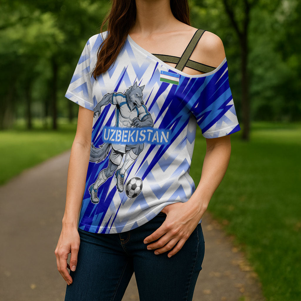 Personalized Uzbekistan Soccer Cross Shoulder Shirt Wolf Mascot Chevron Zigzag Pattern