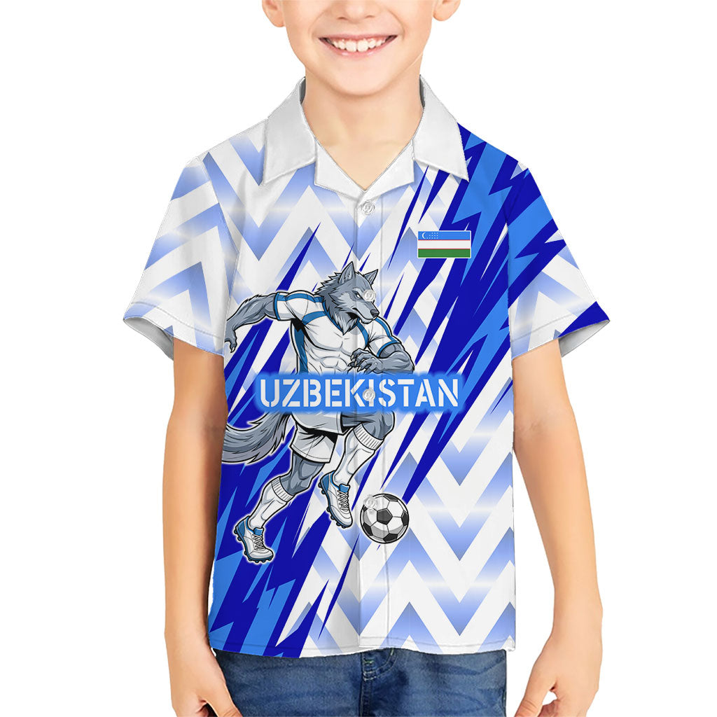 Personalized Uzbekistan Soccer Kid Hawaiian Shirt Wolf Mascot Chevron Zigzag Pattern