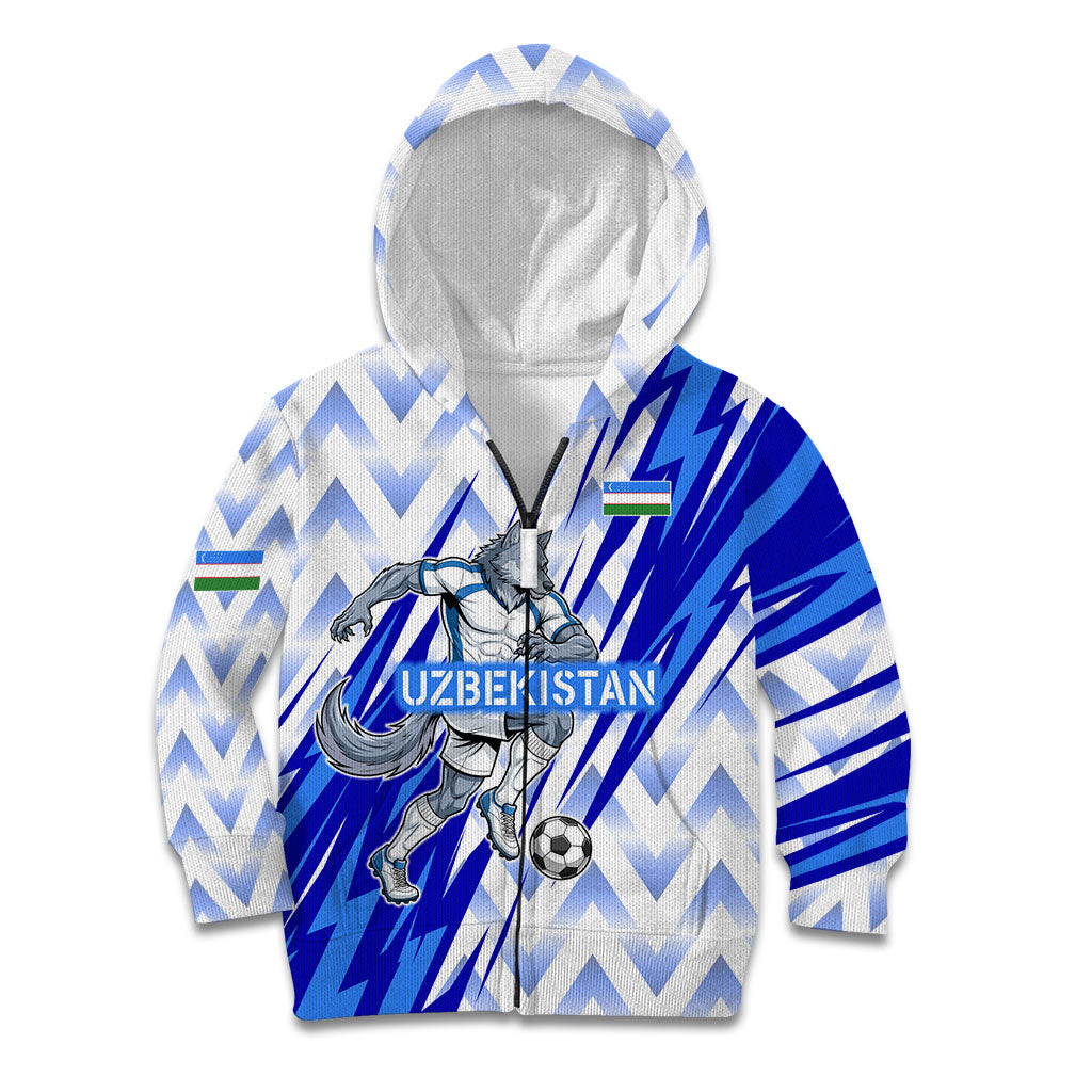 Personalized Uzbekistan Soccer Kid Hoodie Wolf Mascot Chevron Zigzag Pattern