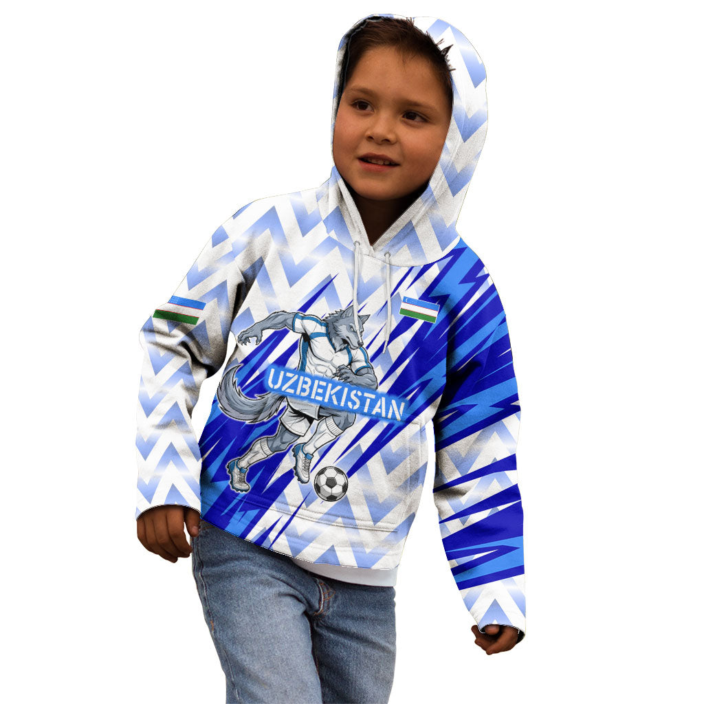 Personalized Uzbekistan Soccer Kid Hoodie Wolf Mascot Chevron Zigzag Pattern