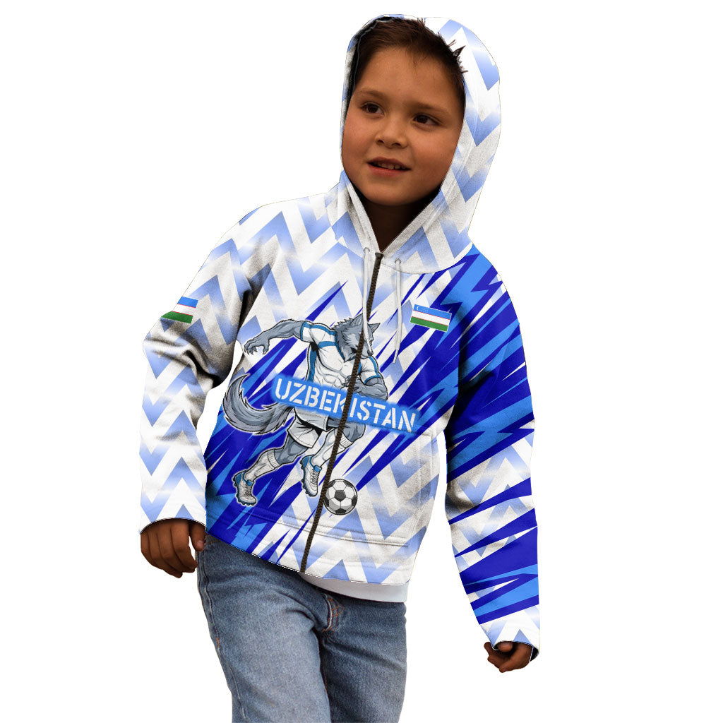 Personalized Uzbekistan Soccer Kid Hoodie Wolf Mascot Chevron Zigzag Pattern