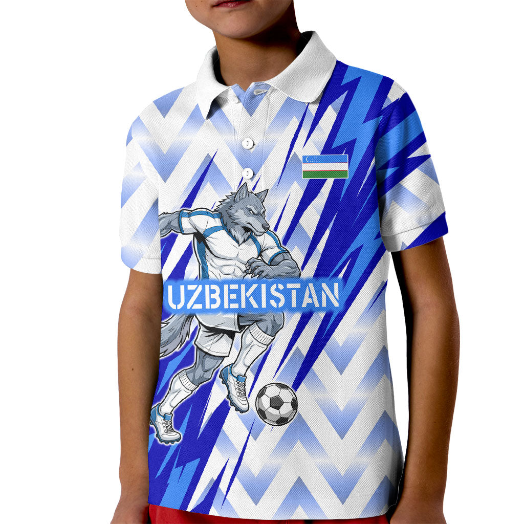 Personalized Uzbekistan Soccer Kid Polo Shirt Wolf Mascot Chevron Zigzag Pattern