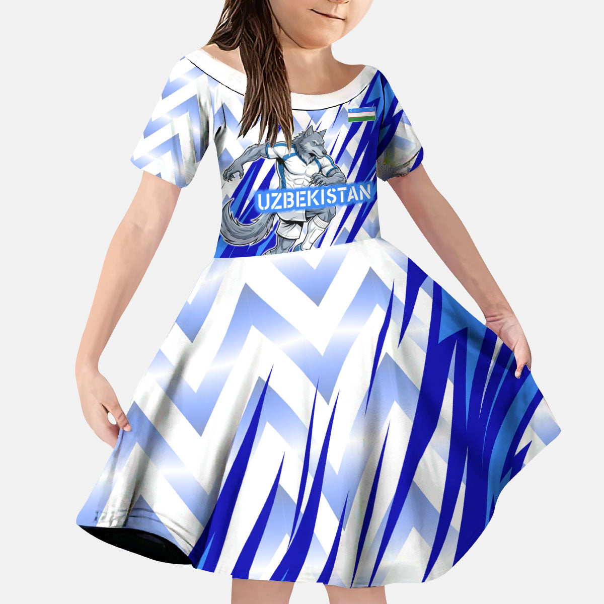 Personalized Uzbekistan Soccer Kid Short Sleeve Dress Wolf Mascot Chevron Zigzag Pattern