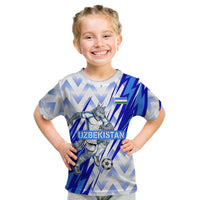 Personalized Uzbekistan Soccer Kid T Shirt Wolf Mascot Chevron Zigzag Pattern