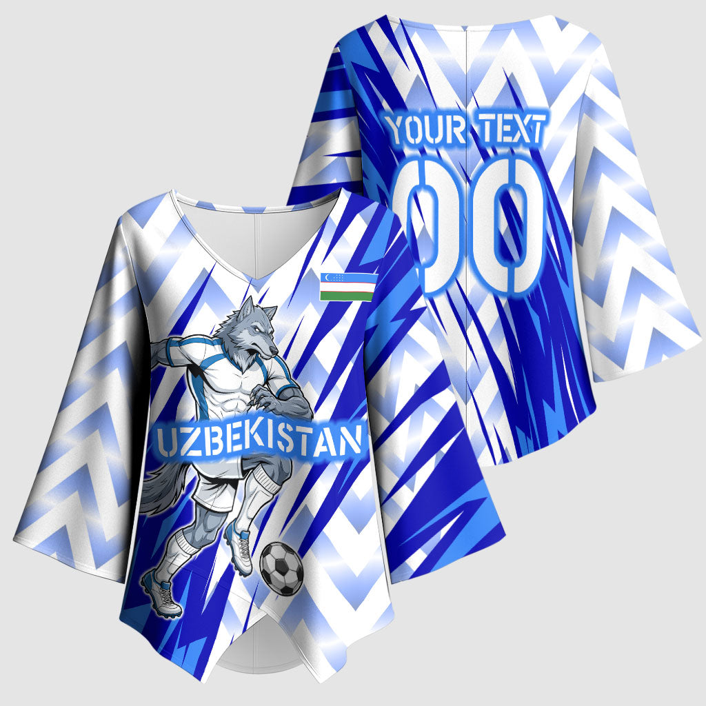 Personalized Uzbekistan Soccer Kimono Sleeve Blouse Wolf Mascot Chevron Zigzag Pattern