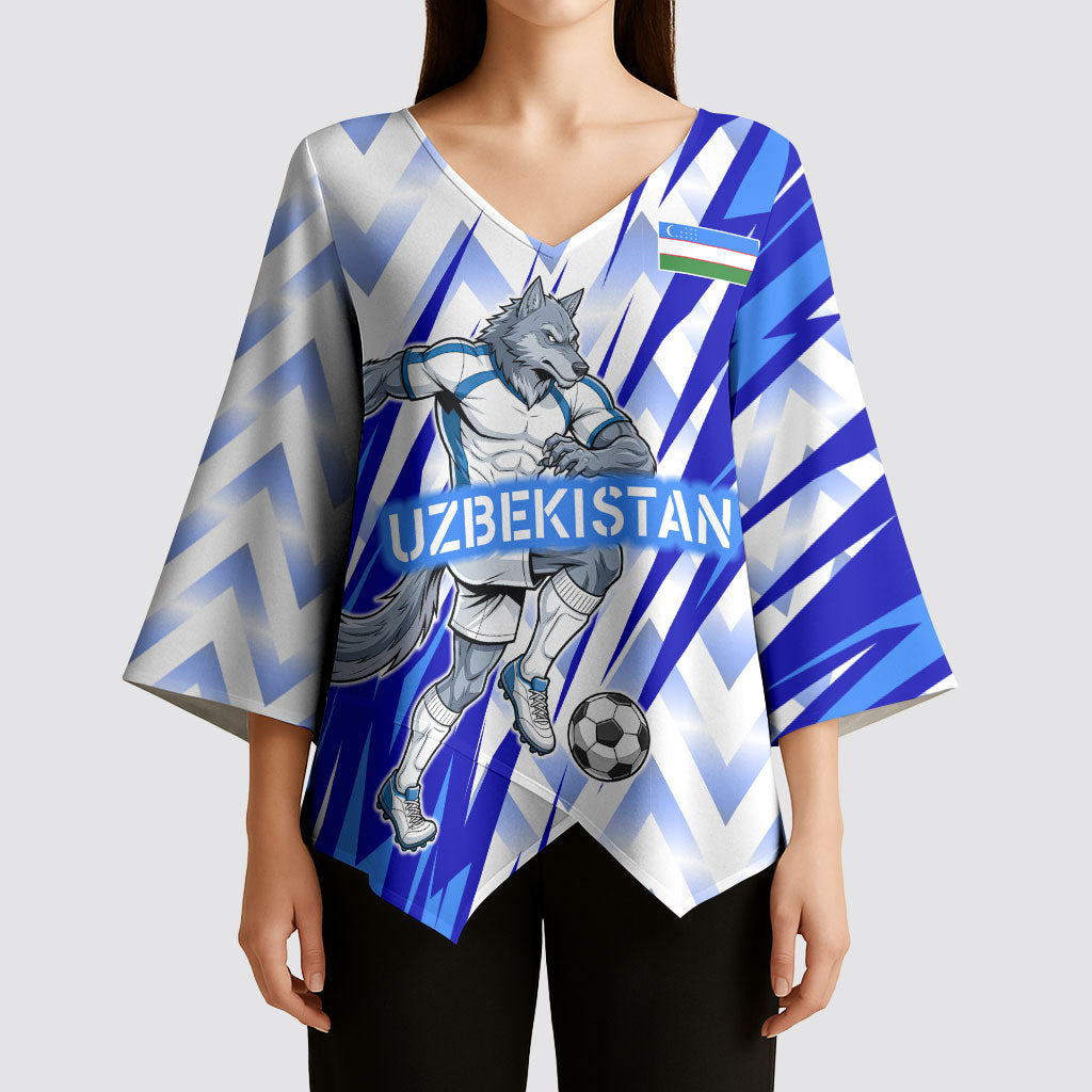 Personalized Uzbekistan Soccer Kimono Sleeve Blouse Wolf Mascot Chevron Zigzag Pattern