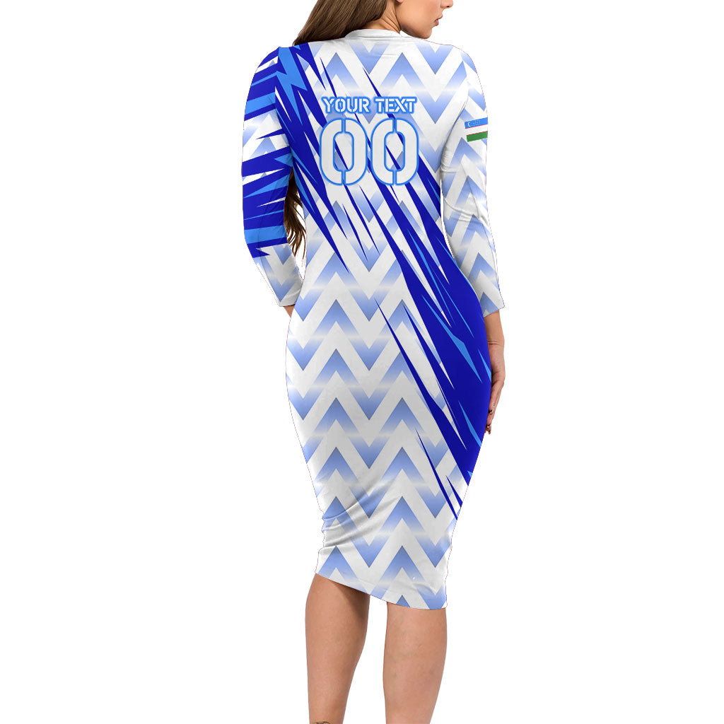 Personalized Uzbekistan Soccer Long Sleeve Bodycon Dress Wolf Mascot Chevron Zigzag Pattern