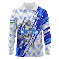 Personalized Uzbekistan Soccer Long Sleeve Polo Shirt Wolf Mascot Chevron Zigzag Pattern